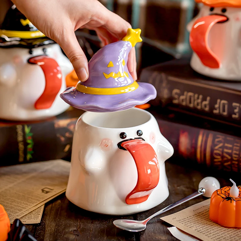 Cute and Quirky Ghost Mug for Women's Birthday Gift Practical Souvenir for Halloween Water Cup with Lid Ceramic Cup