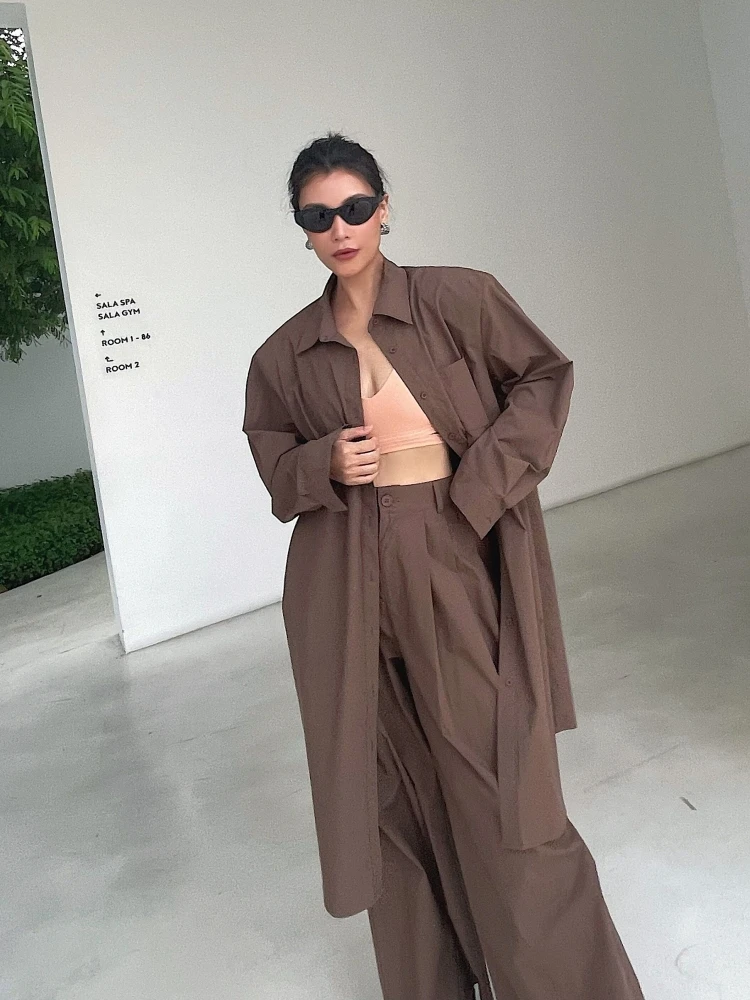 

DuanStyle Original Long Sleeve Long Shirt Shoulder Pad High Waist Wide Leg Casual Pants Set Brown Cotton Autumn Fashion Ensemble