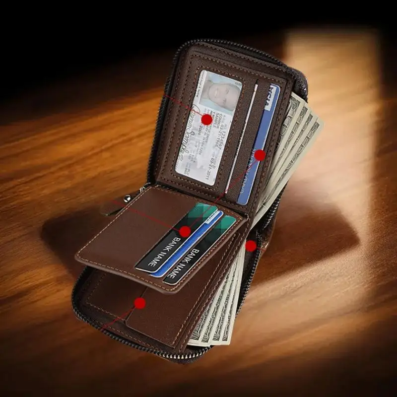 محافظ قصيرة فاخرة بسحاب للرجال، تصميم كلاسيكي، جيب للعملات المعدنية، فتحات متعددة للبطاقات، محفظة راقية، هدية مثالية