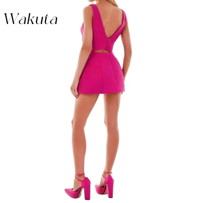 Wakuta-vestido de cóctel sin mangas con cuello cuadrado para mujer, minivestido Sexy de corte en A con cremallera en la espalda, color liso, estilo americano