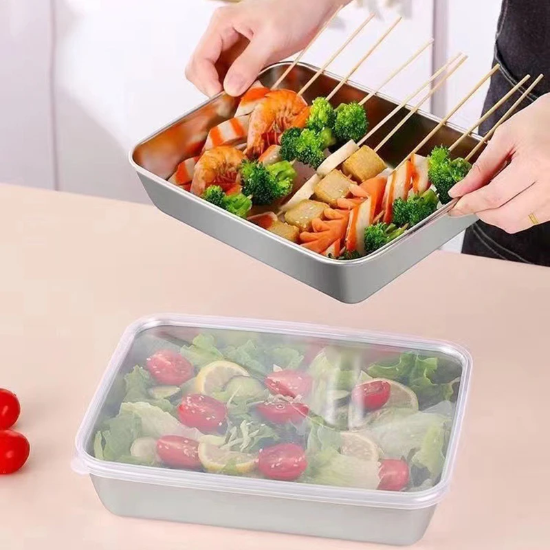 

1PC Stainless Steel Refrigerator Food Storage Box With Plastic Lid Prepare Food Freshness Preservation Box Picnic Box