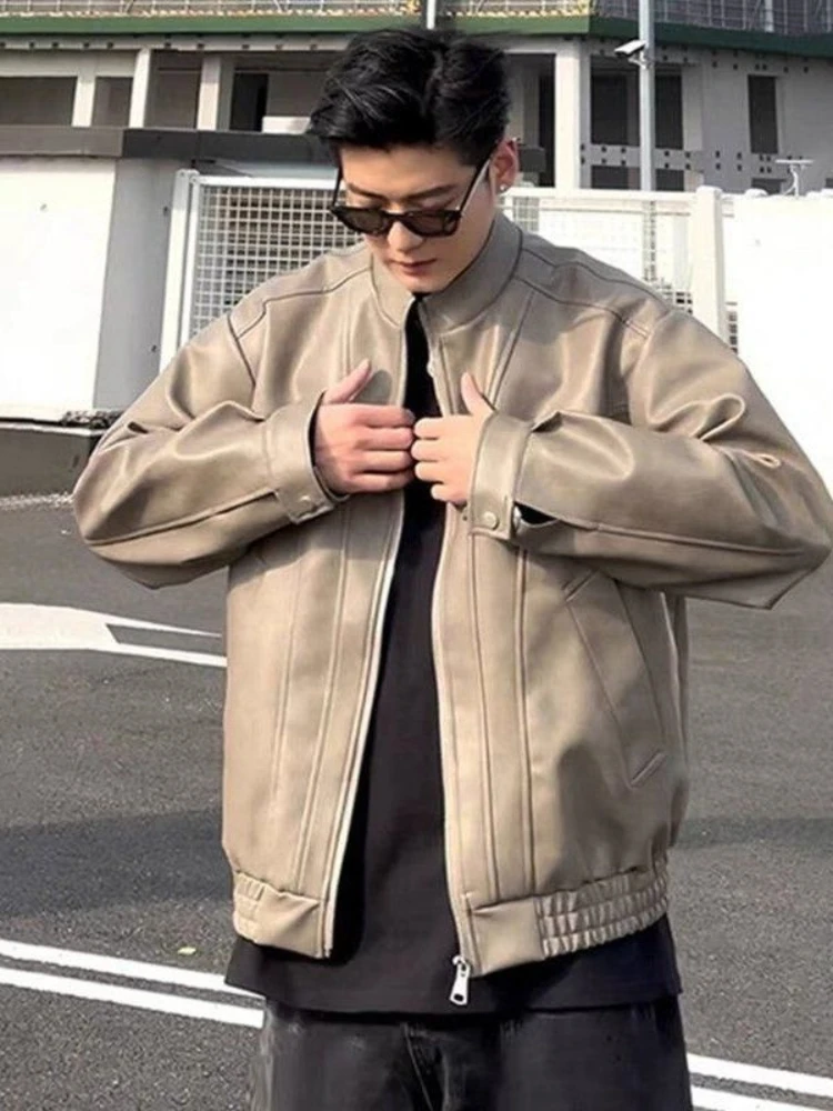 

American Classic Leather Coat Men's Spring Autumn Streetwear Slim Fit Standing Collar Bomber Jacket​
