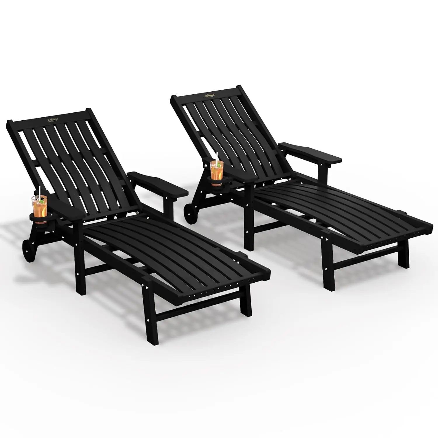 Oversized HDPE Outdoor Lounge Chair Set of 2 with Wheels & Cup Holder, 5-Position Adjustable for Patio Pool Deck, Customized