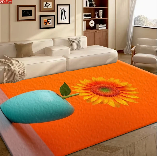 Sunflower in Turquoise Vase Orange Background Carpet Flooring, Bright Floral Non-Slip Area Rug for Living Room Bedroom Kitchen Home Decor