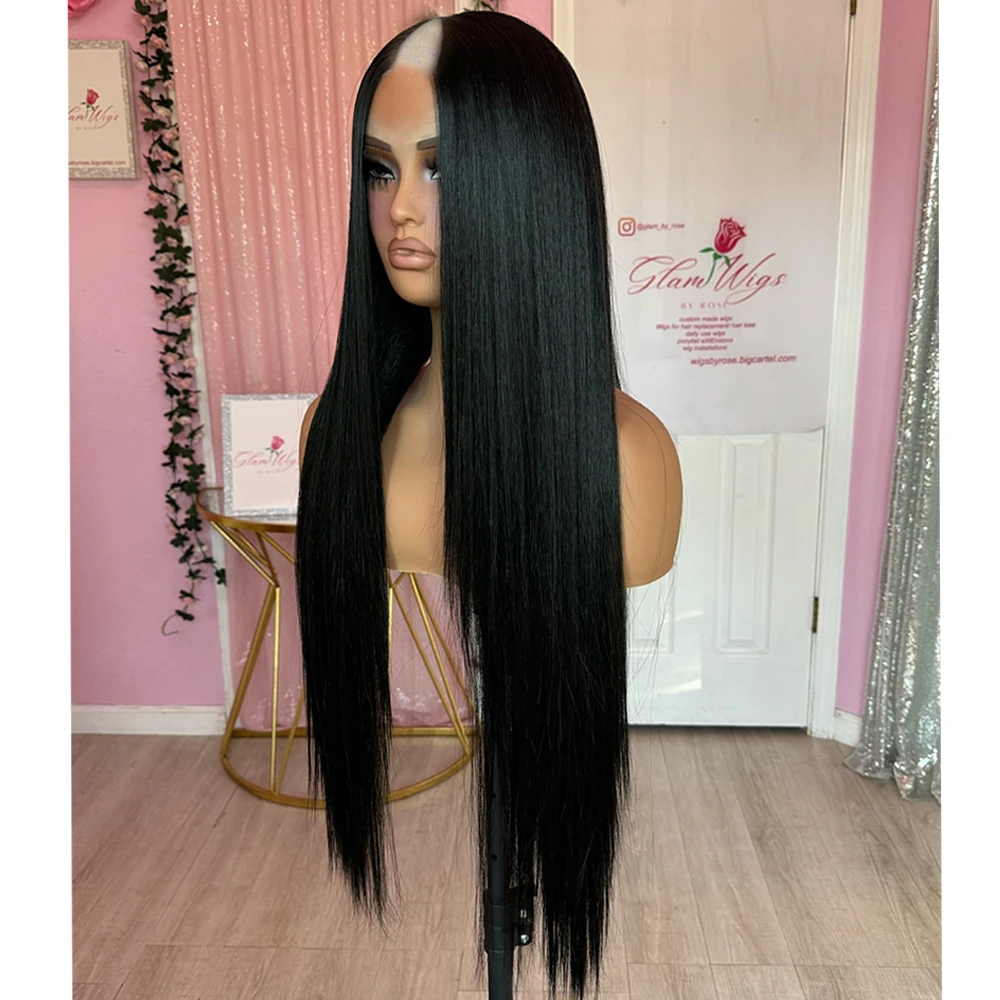 Jet Black Indian Unprocessed 100% Human Hair Natural 1x4 Middle U Part/V Part Wigs with Clips Bone Straight Glueless Daily Wear