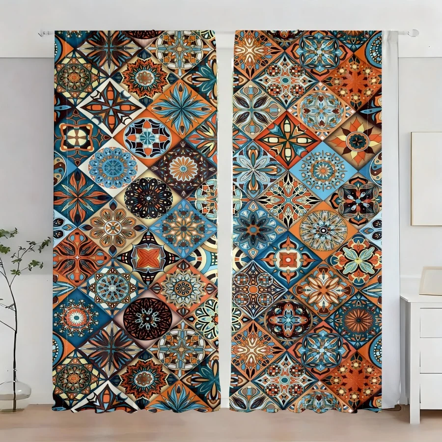 2 PCS Diamond Boho Curtains, Ethnic Vintage Style Window Drapes for Living Room Bedroom Home Decor Polyester Rod Pocket Design