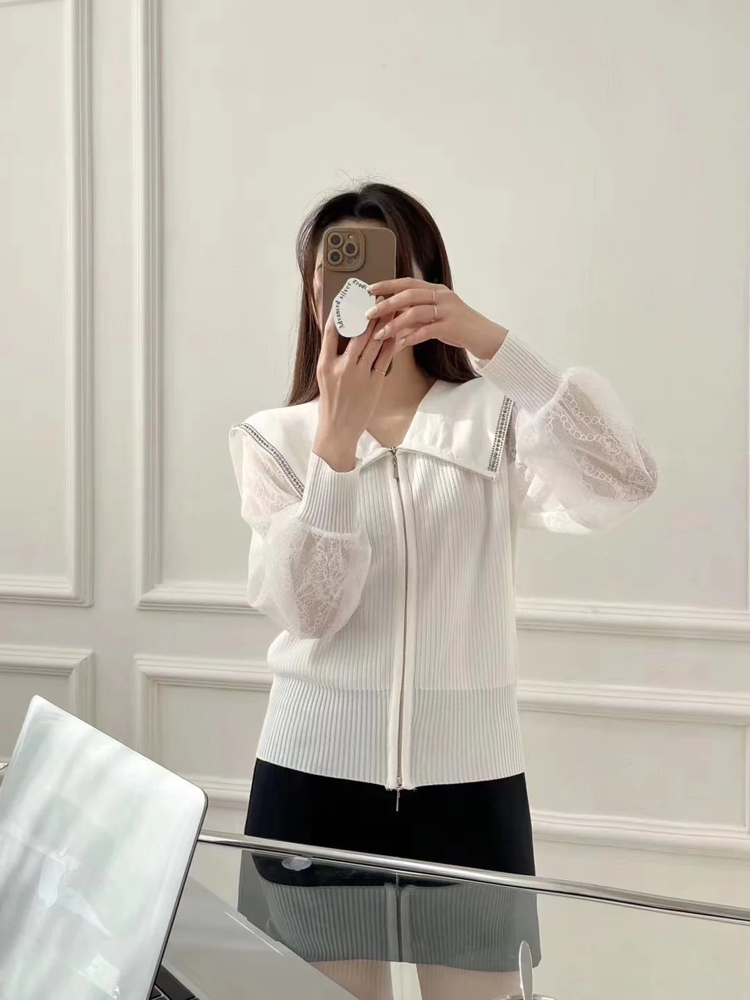 Women's Navy Collar Spring Knit Spliced Sweater