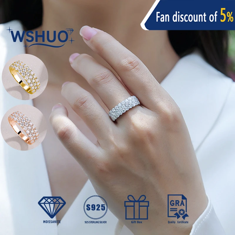 WSHUO 3-Row D VVS1 Moissanite Rings for Women 925 Sterling Silver Plated Solid 18k White Gold Half Eternity Anniversary Jewelry