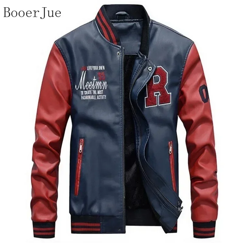 Baseball Jackets Men Outdoor Hiking Sports Running Camping Slim Fit Stand Collar Leather PU Coat Mens Zipper Bomber Jacke Men