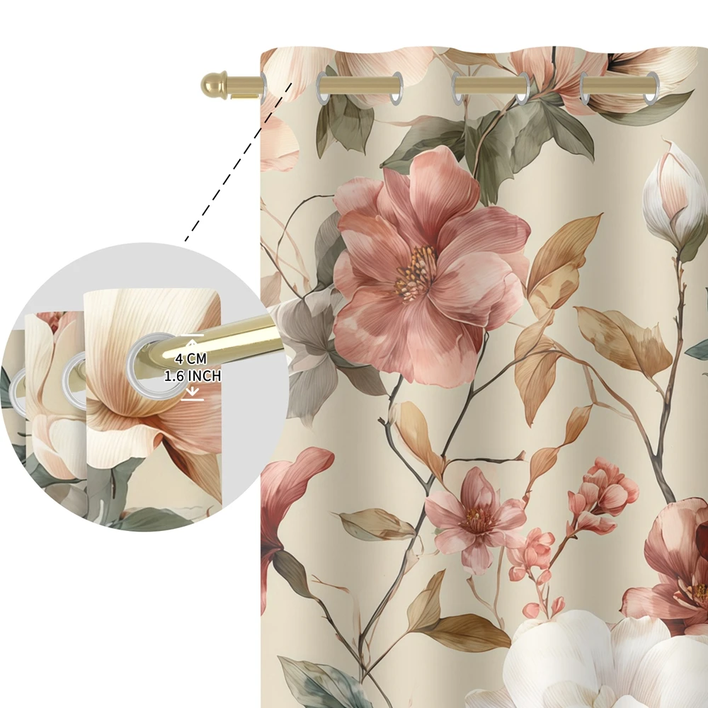 Vintage Floral Print Blackout Curtains with Grommets, Watercolor Flower Thermal Insulated Drapes, Light Blocking Window Curtains