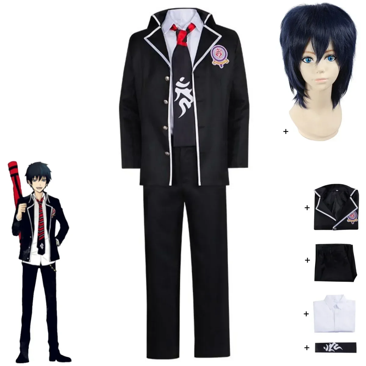 Disfraz de Cosplay de Okumura Rin de Blue Exorcist, Uniforme Escolar Negro de Japón y Corea del Sur, Chaqueta, Camisa, Peluca, Traje para Adultos