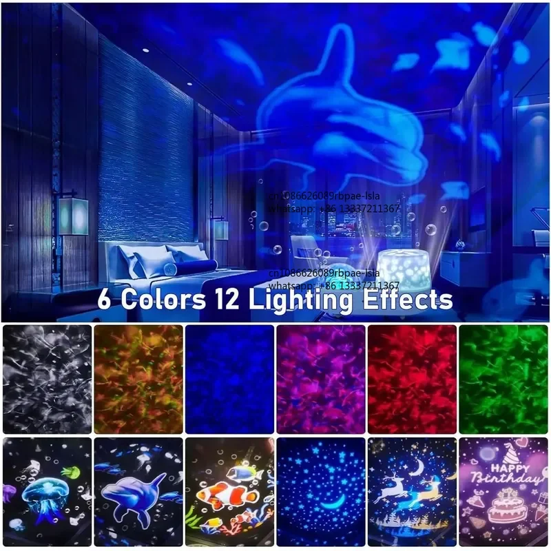 2-in-1 Jellyfish Projector Night Light & 3D Ocean Wave Lamp with 12 Patterns (6 Dome + 6 Side Films), 360° Rotation