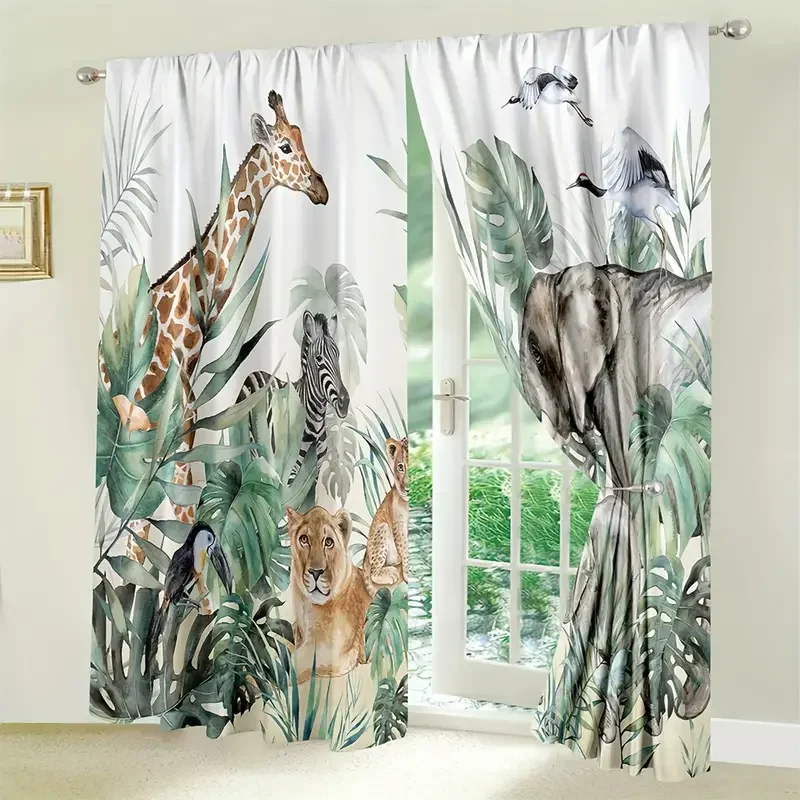 2pcs Cute Giraffe Curtains for Bedroom Living Room Kids Zoo Animal Curtains Cartoon Animal Drapes Decor Elephant Floral Leaf Gre