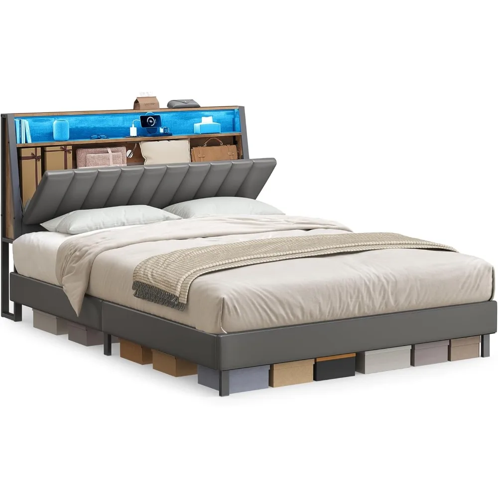 

Large Bed Frame, Storage Headboard and Charging Station, Large Bed Frame with 2 AC Sockets, 1 USB Port, 1 Type Rt