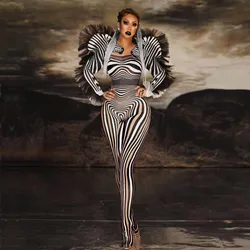 New Style Zebra Pattern Jumpsuit Women Singer Sexy Stage Outfit Bar DS Dance Cosplay Bodysuit Costume Prom Clothes