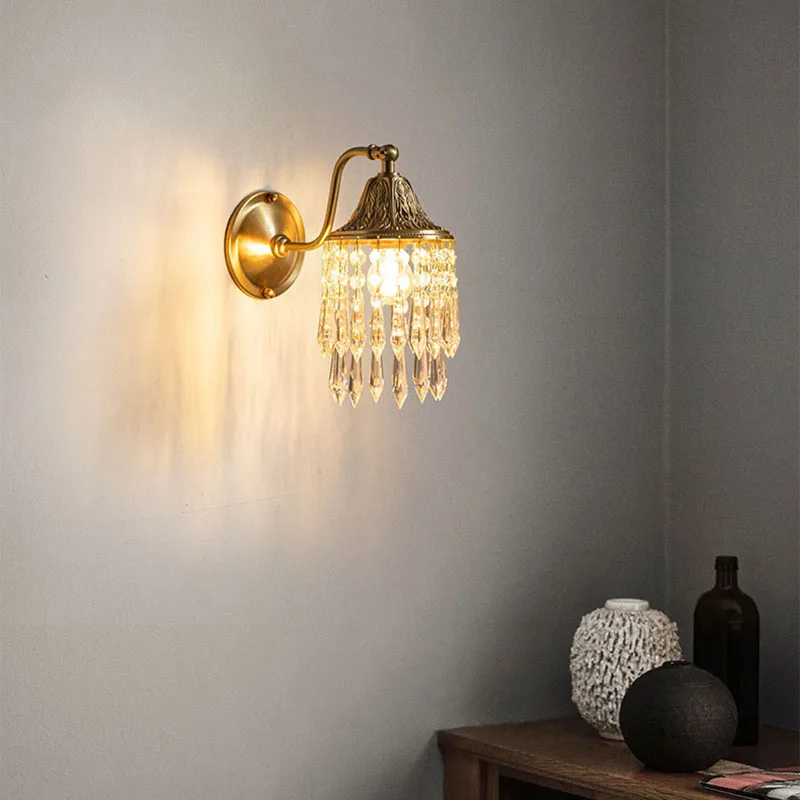 Luxury American Retro Copper Crystal Wall Lamp Creative French Living Room Tv Background Bedroom Bedside Led Lighting