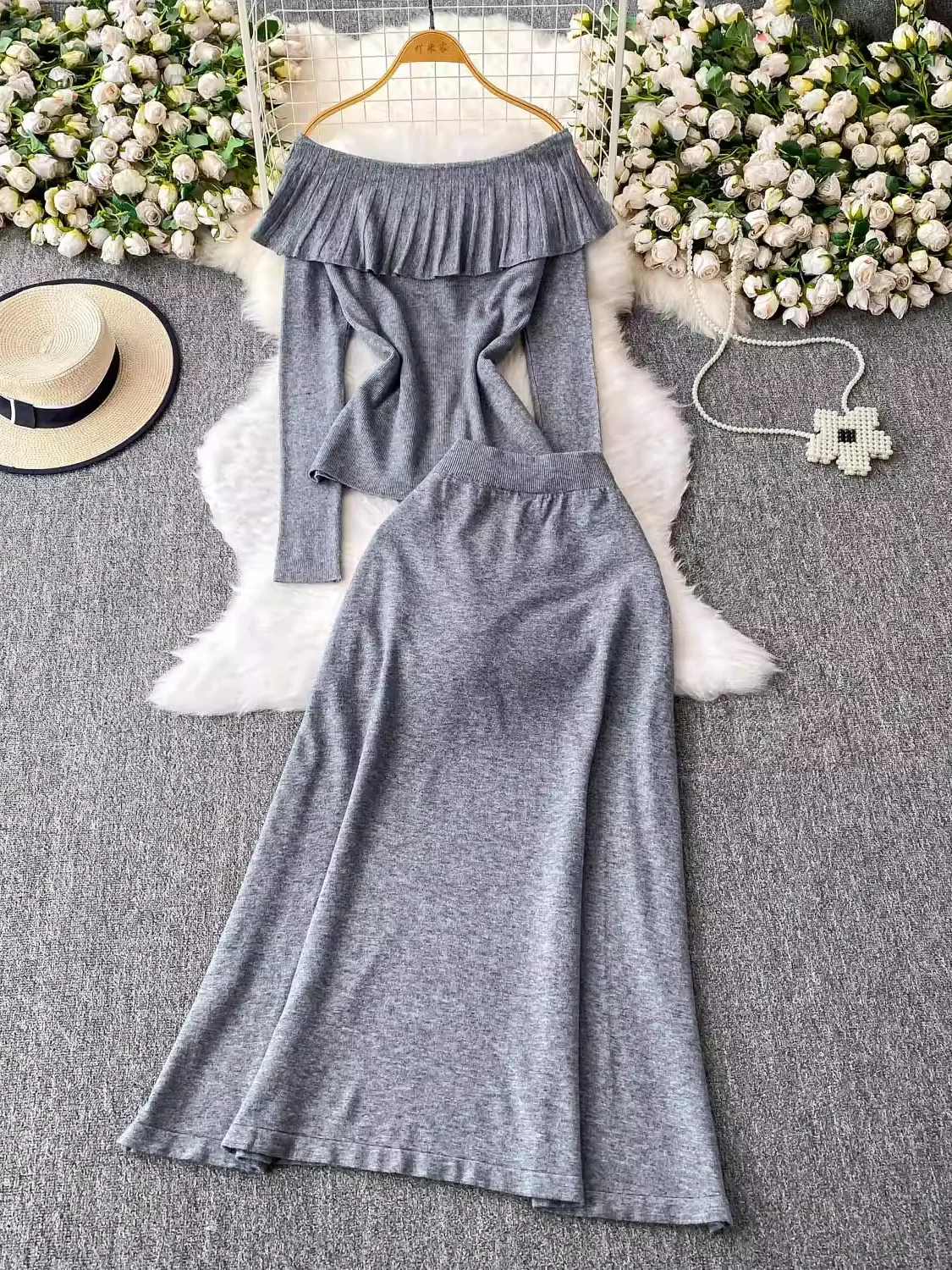 

Осень-зима, винтажный женский вязаный комплект из двух предметов, элегантная блузка серого/черного/коричневого цвета с разрезом на шее и длинными рукавами + костюм с юбкой с высокой талией