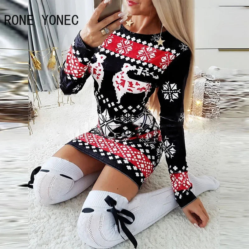 Women Elegant Round Collar Long Sleeves New Winter Big Yards Christmas Dress