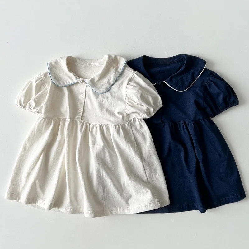 

2026 Summer New Girls Flower Embroidery Collar Dress Children Short Sleeve Casual Dress Cotton Baby Girl Cute Lapel Dress