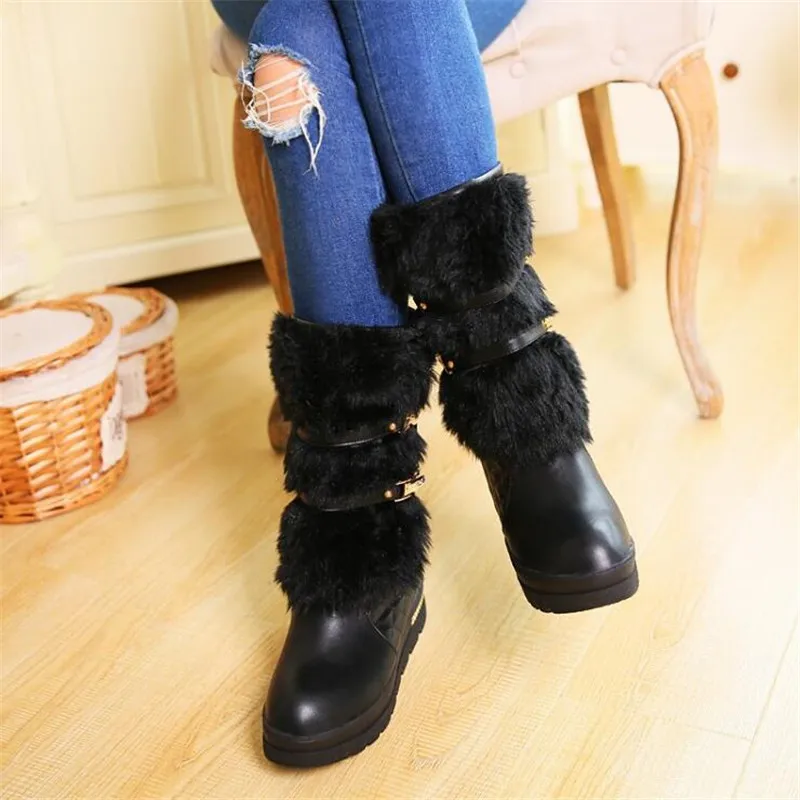 Waterproof Winter Shoes Women Platform Snow Boots Warm Fur Plush Casual Wedge Mid-Calf Boots Girls Black White Shoes Ladies33-43