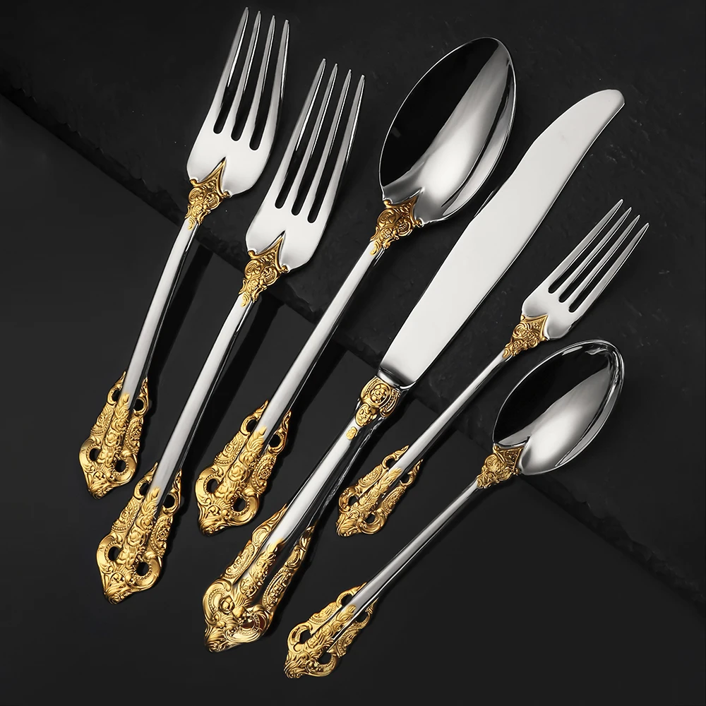 Gold Luxury Dinnerware Flatware, Dining Stainless Steel Western Silverware, Palace Style, Royal Golden Table Silverware, 4, 5 Pi