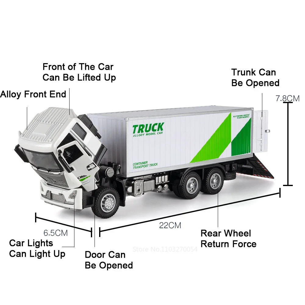 1:32 Container Transport Truck Alloy Diecast Model Toys Car Doors Opened Sound Light Pull Back Vehice Children's Puzzle Toy Gift