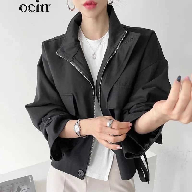 

[oein] Autumn Outfit With Korean Stand Up Collar Zipper, Loose Large Pocket Design, Long Sleeved Workwear Jacket, Short Jacket