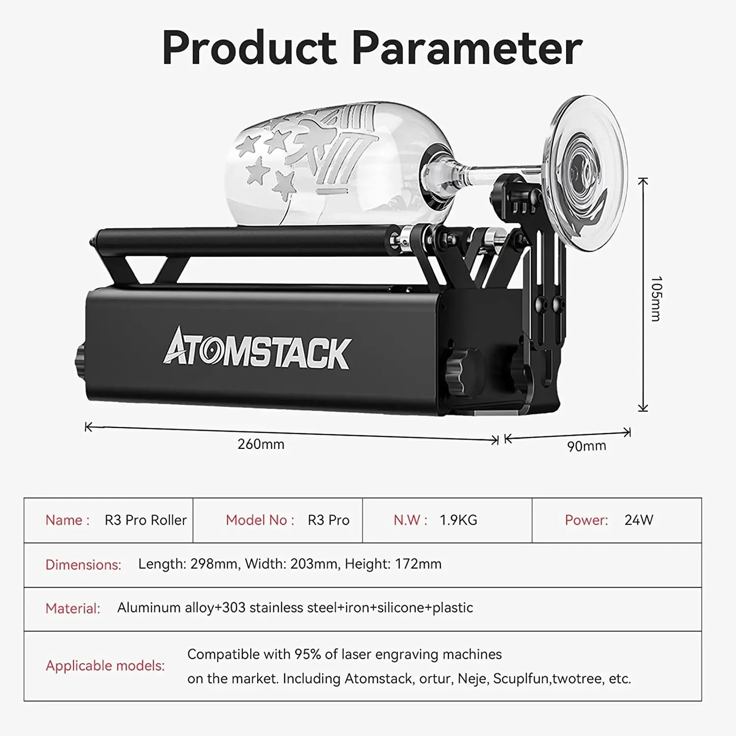 Módulo de máquina de grabado de rodillo giratorio Atomstack R3 Pro mejorado con marco de soporte Separable y torres de extensión