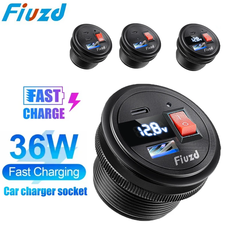 

Car Charger Socket PD3.0 & QC3.0 Double USB C Ports with LED Switch 36W Fast Charging 12V/24V For Moto Adapter