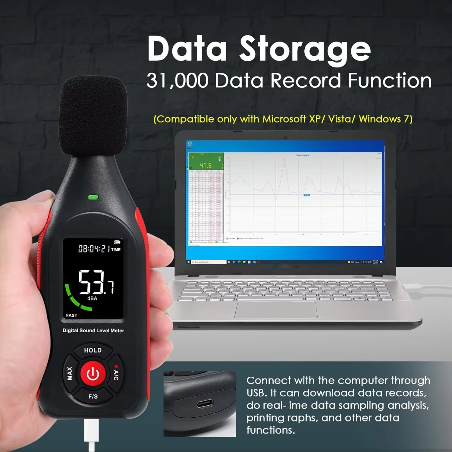 Pengukur Desibel, Monitor Tingkat Desibel Suara & Kebisingan, Pengukur SPL 30dB hingga 130dB(A) dengan Perekam, Alarm Visual, Berbobot A/C