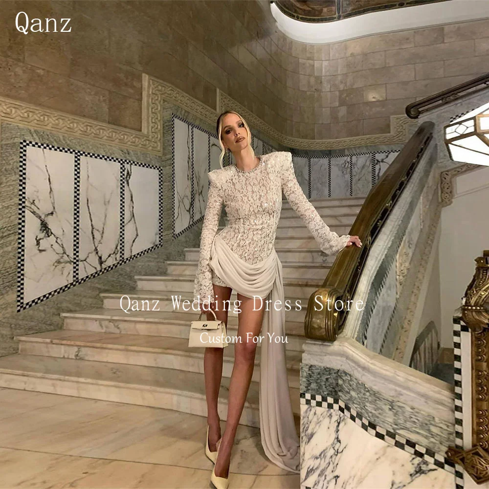 

Qanz O Neck Long Sleeves Wedding Dresses Bride Lace Appliques Sequined Mini Vestido De Novia Luxury Robe De Mariée Customized