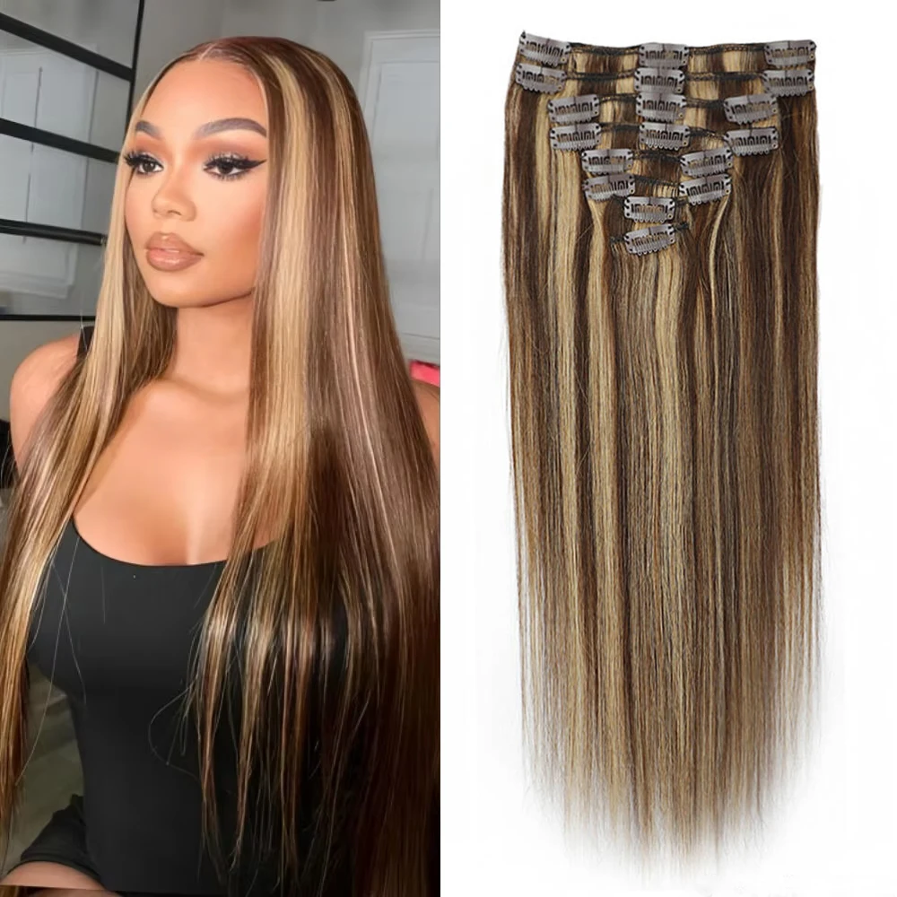 8 Pcs Highlight Straight Clip Ins Human Hair P4/27 100% Unprocessed Real Hair  Clips In Hair Thicker Ombre Raw Hair Extensions