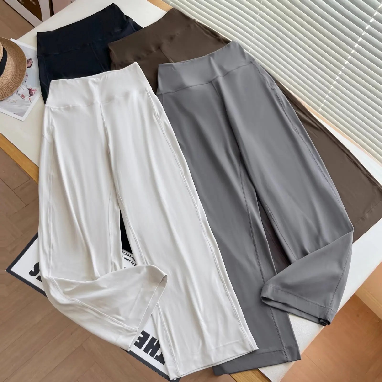 กางเกงโยคะทรงตรงเอวสูงสำหรับผู้หญิง ทรงหลวม ใส่เล่นพิลาทิส ออกกำลังกาย ขากว้าง สไตล์ลำลอง