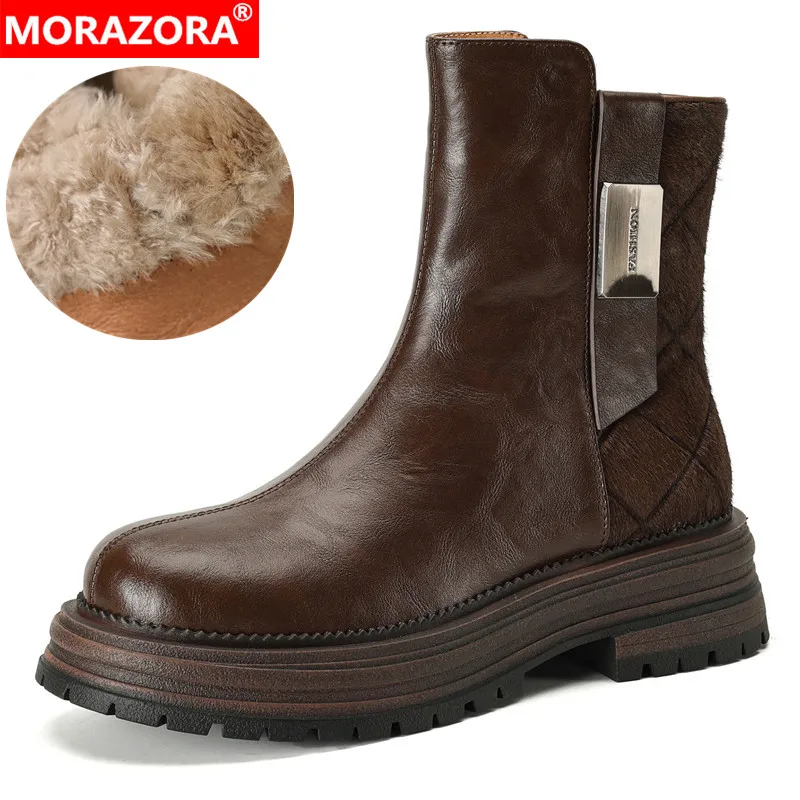 MORAZORA 2024 New Nature Wool Warm Winter Ankle Boots Zipper Platform Genuine Leather Snow Boots Brown Black Ladies Shoes