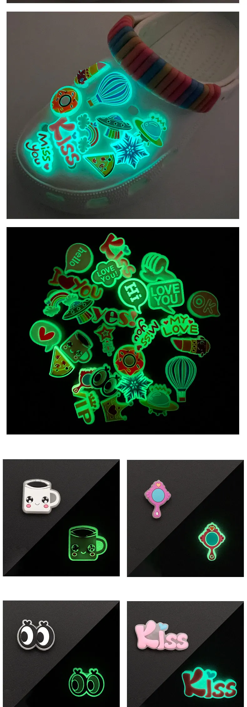 1PCS Luminous Shoe Charms Set for Clog Sandals Decoration DIY Shoe Charm Pins for Men Women Kids Letters Rainbow Food