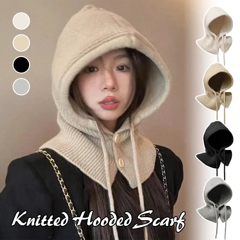 New Korea Winter Hats and Scarf Set with Botton Scarf Balaclava Hat Warm Neck Set Women Knitted Wool Pullover Hat Gothic Y2k