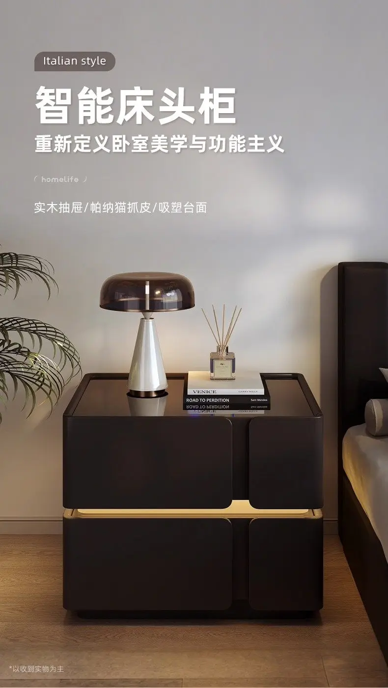

Black smart bedside table with lamp new light luxury high-end home bedroom design niche solid wood bedside cabinet