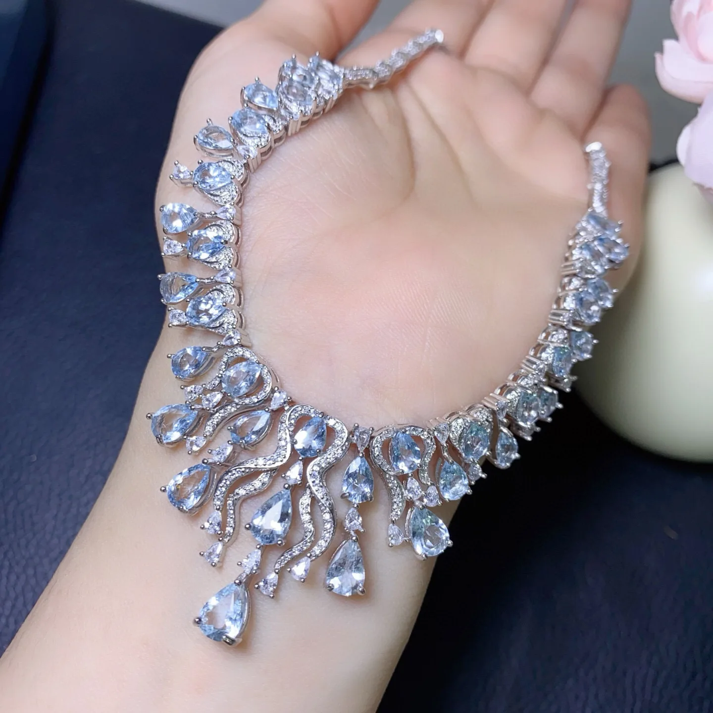 Natural Aquamarine Statement Necklace 4x6mm & 5x7mm Pear Cut 925 Silver Ornate Tassel Design Fine Jewelry for Women