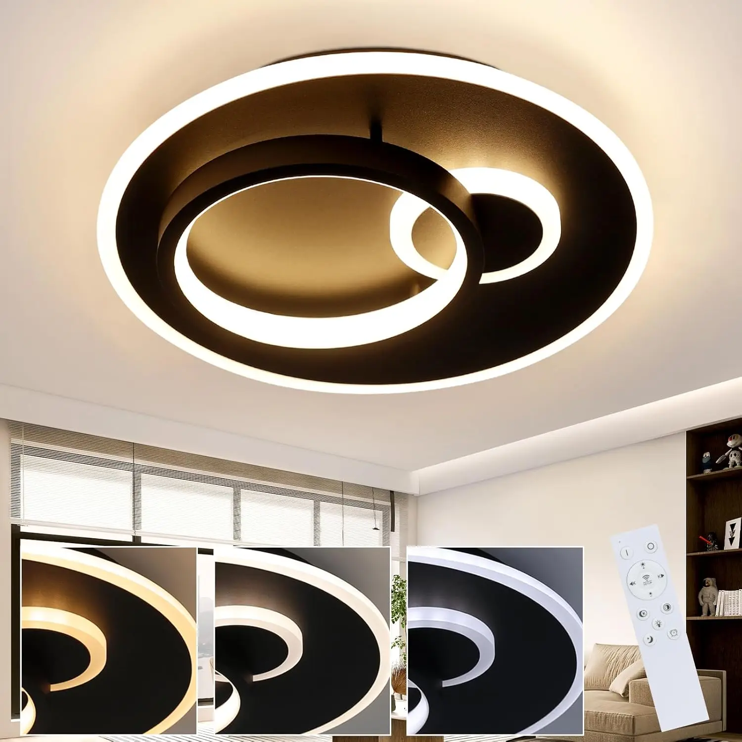 Led Deckenlampe Wohnzimmer Deckenleuchte Flur - Schwarz 33W Dimmbar Wohnzimmerlampe Modern Schlafzimmerlampe Rund Design Flurlampe mit Fernbedienung Deckenbeleuchtung für Küche Esszimmer Büro