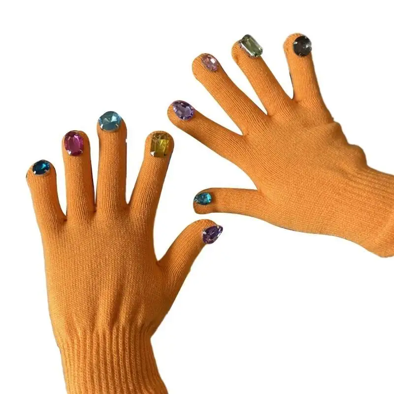 

652F Women Winter Rhinestones Decor Touchscreen Glove Thicken Color Mit