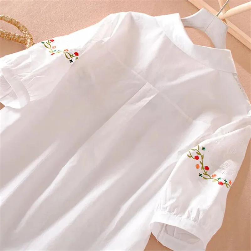 Pure Cotton Ladies Shirt Vintage Embroidered Blouses For Women White Top National Summer Clothes Laple Cardigan Female Shirt