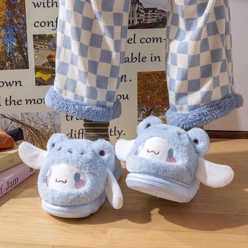 Sanrio My Melody Pluche Slippers Dames Schattige Cartoon Konijnenoren Pluizig Warme Winter Gesloten Teen Huispantoffels Zachte Dikke Zool