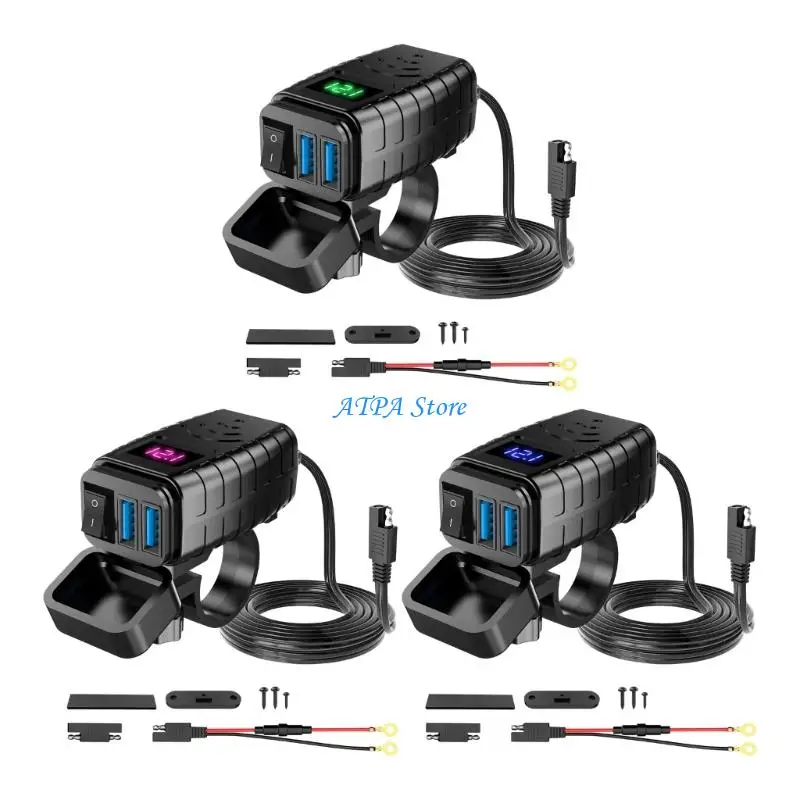 

U13C Motorcycle USB Chargers Adapter Double QC3.0 Ports with LED Power Button ABS Shell Universal Mounting