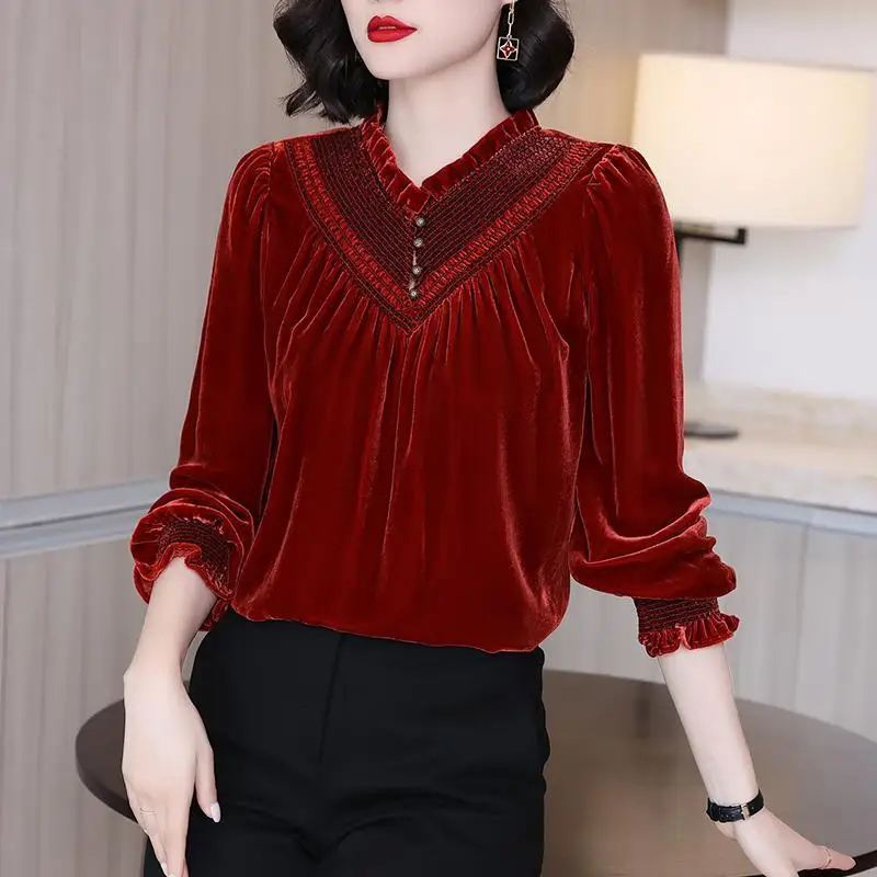 Temperament Sping Autumn Pleuche New Women\'s Solid V-Neck Pleated Button Patchwork Fashion Elegant Loose Long Sleeve Shirts Tops