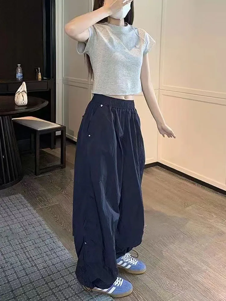 Y2K Oversized Parachute Pants Women Vintage Casual Loose Wide Leg Pleated Cargo Pant Summer Streetwear Overalls Joggers Trousers