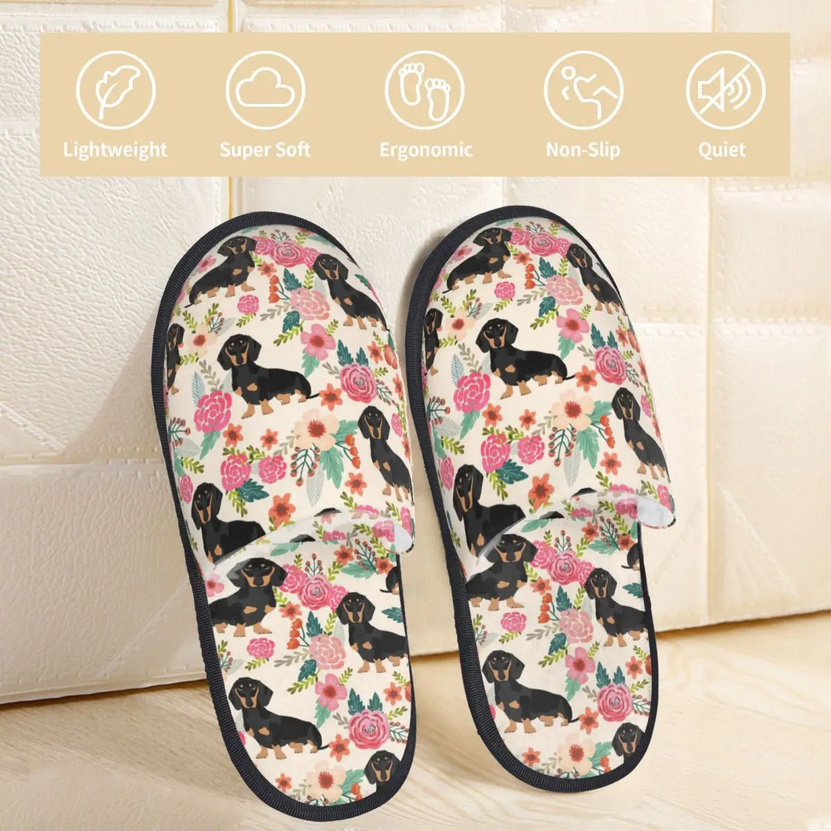 Zapatillas de casa de invierno con perro salchicha Floral, zapatillas antideslizantes con dibujos de animales para sala de estar, chanclas de piel para el hogar