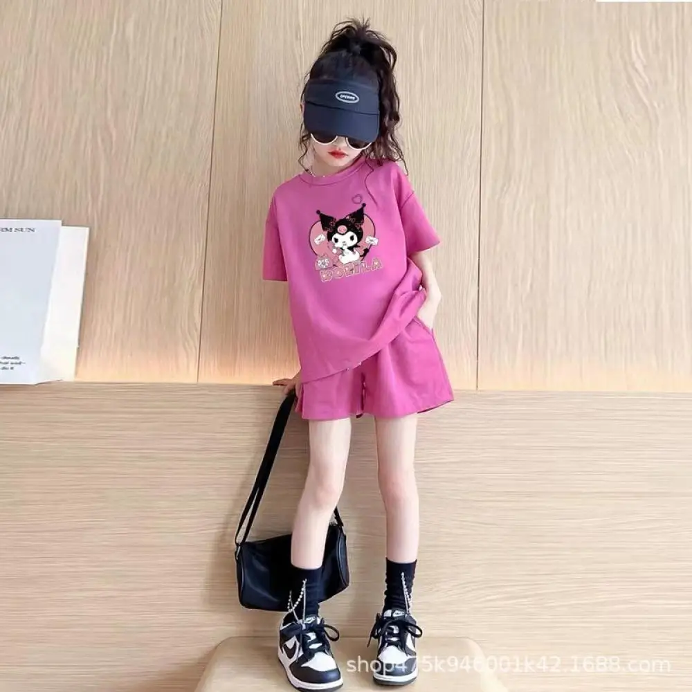 طقم تي شيرت كورومي للفتيات من سانريو شورت رياضي صيفي جديد بأكمام قصيرة مناسب مريح لطيف للأطفال بلوفر من النوع الثقيل وسراويل علوية #1