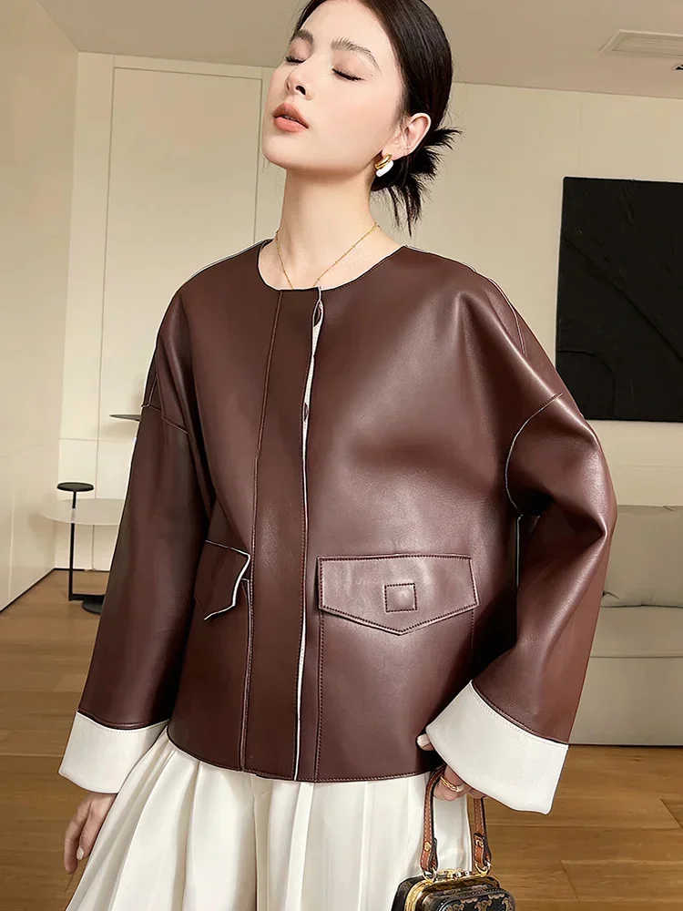 Leather Genuine Women Jacket Short Fashion O-neck Single Breasted Vintage Loose-fit Casual Real Sheepskin Coat chaqueta mujer