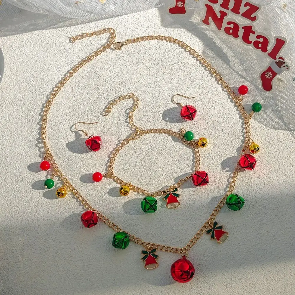 3pcs/set Beads Bells Christmas Jewelry Set Bow Color Collision Christmas Tree Bell Bracelet Contrasting Bell Cute