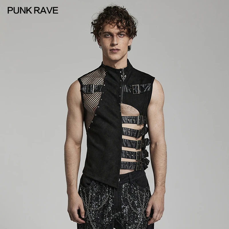 PUNK RAVE Men's Punk Handsome Cool Irregular Vest Mens Metal Ring Webbing Decoration Black Casual Clothes Tanks Spring Summer